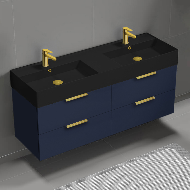 Nameeks DERIN470 56 Inch Bathroom Vanity With Black Sink, Double Sink, Wall Mounted, Modern, Night Blue